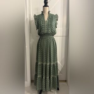 Max Studio Green Printed Maxi Dress with Ruffled Sleeves